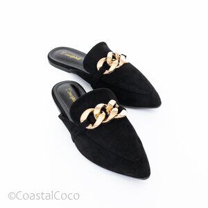 Suede Mules Flats Pointed Toe Black Gold Slip On Womens 7.5 Loafer Career Preppy